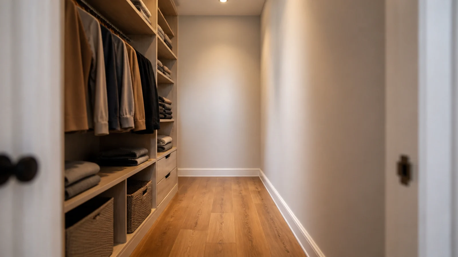 single sided closet run with one hanging wall and clear walkway