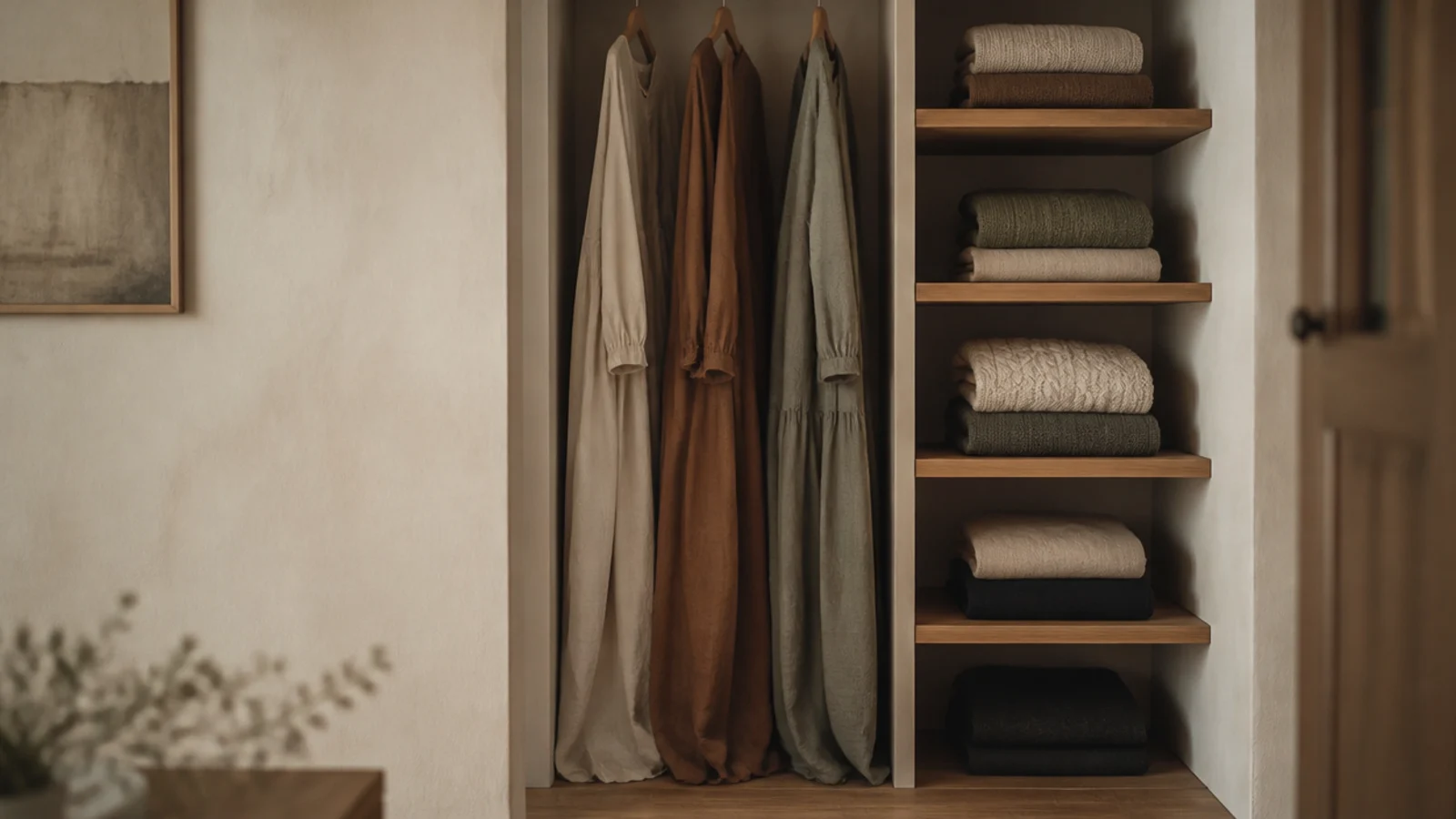 single narrow bay of long dresses in a small bedroom closet