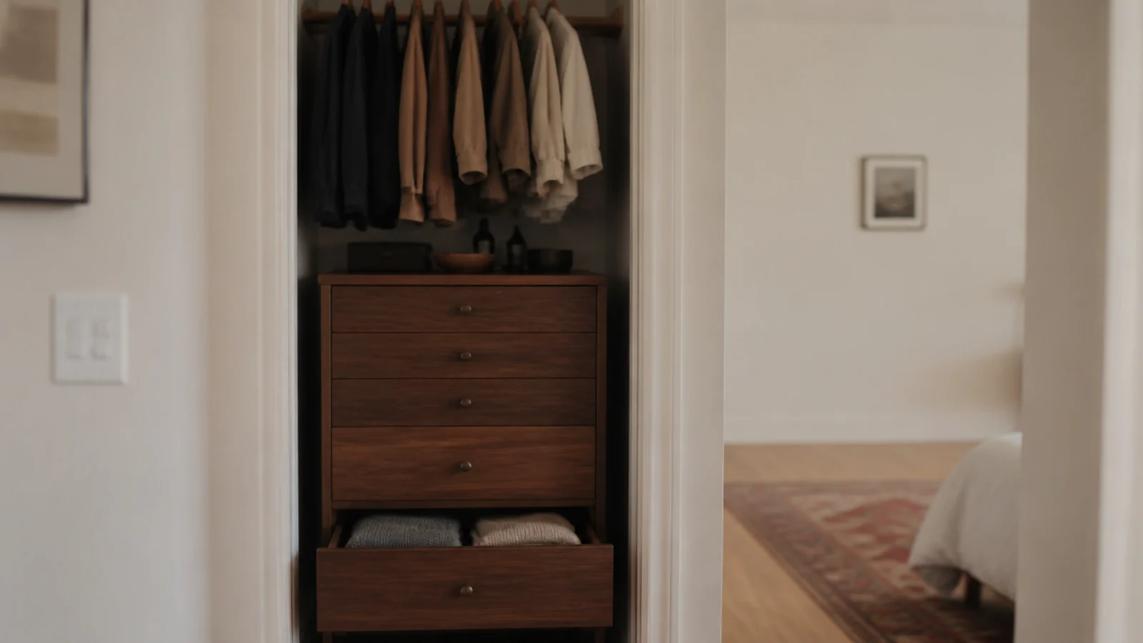 chest of drawers relocated inside a bedroom closet under hanging clothes