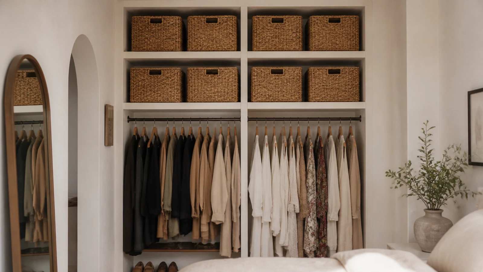 closet shelving running to the ceiling in a small bedroom conversion