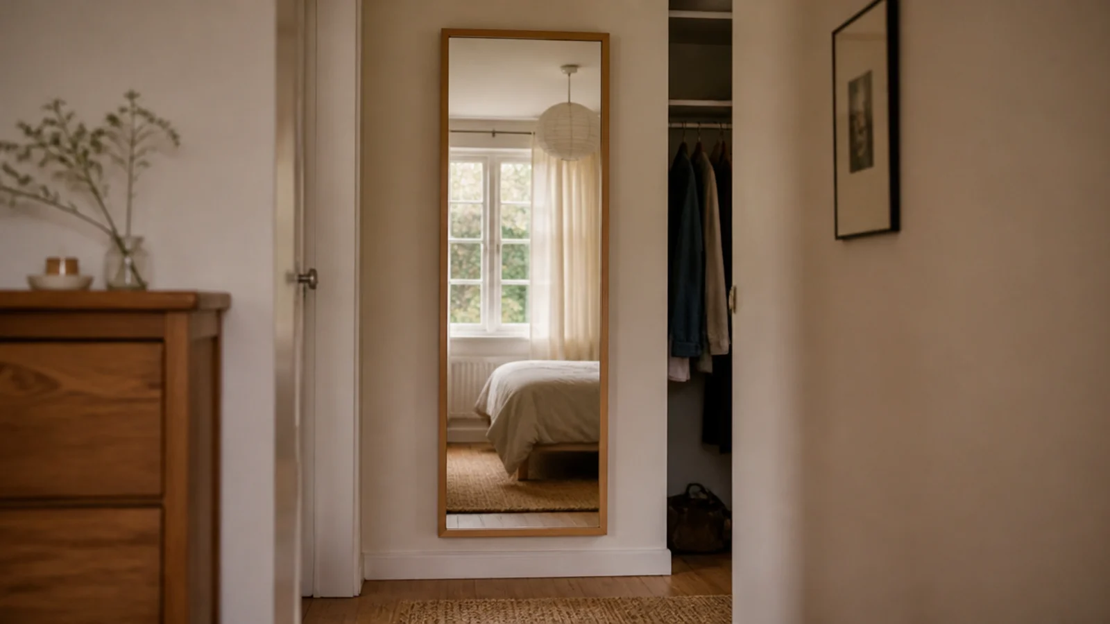 full length mirror mounted on the outside face of a bedroom closet
