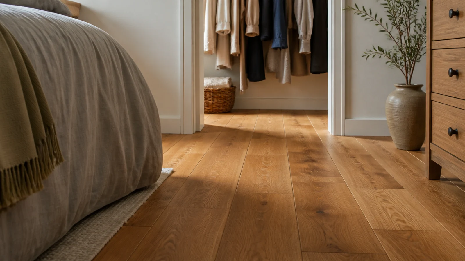 continuous oak flooring running from a bedroom into its closet
