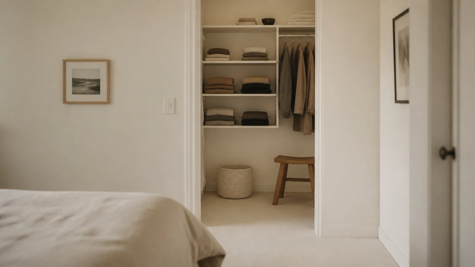 closet interior painted the same warm white as the bedroom walls