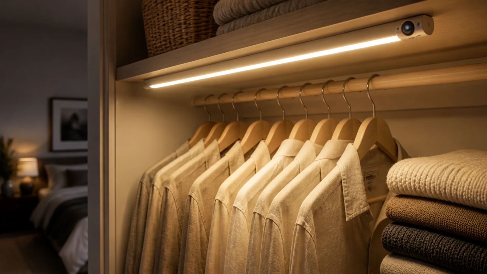 motion sensor light switching on inside a small bedroom closet