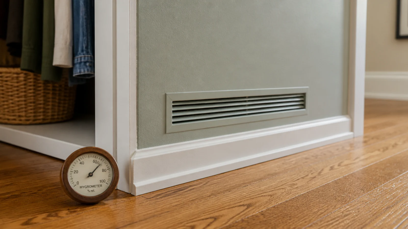 slim vent grille fitted low in a converted bedroom closet wall