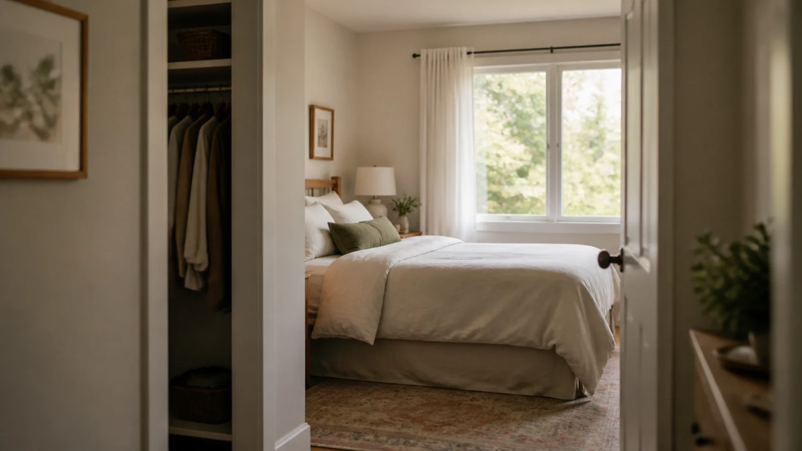closet opening positioned out of direct view from a bedroom doorway