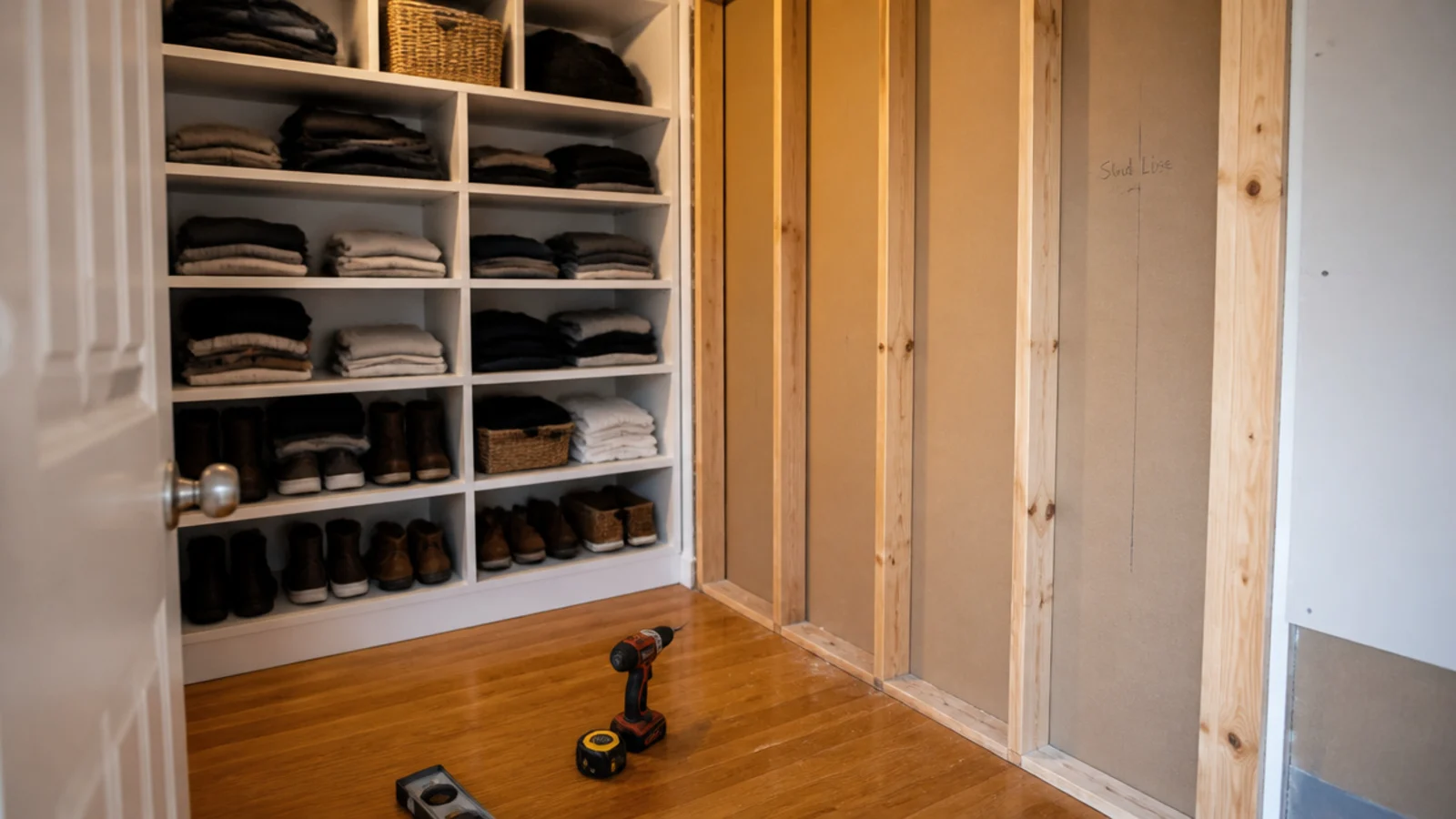 part finished bedroom closet conversion with framing and one wall done
