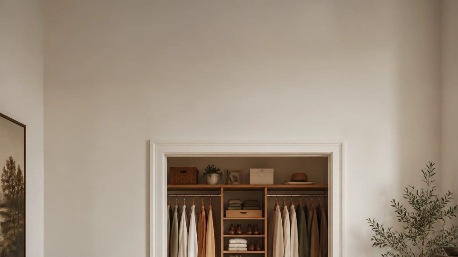 vertical view of a small bedroom with a fitted walk-in closet beyond
