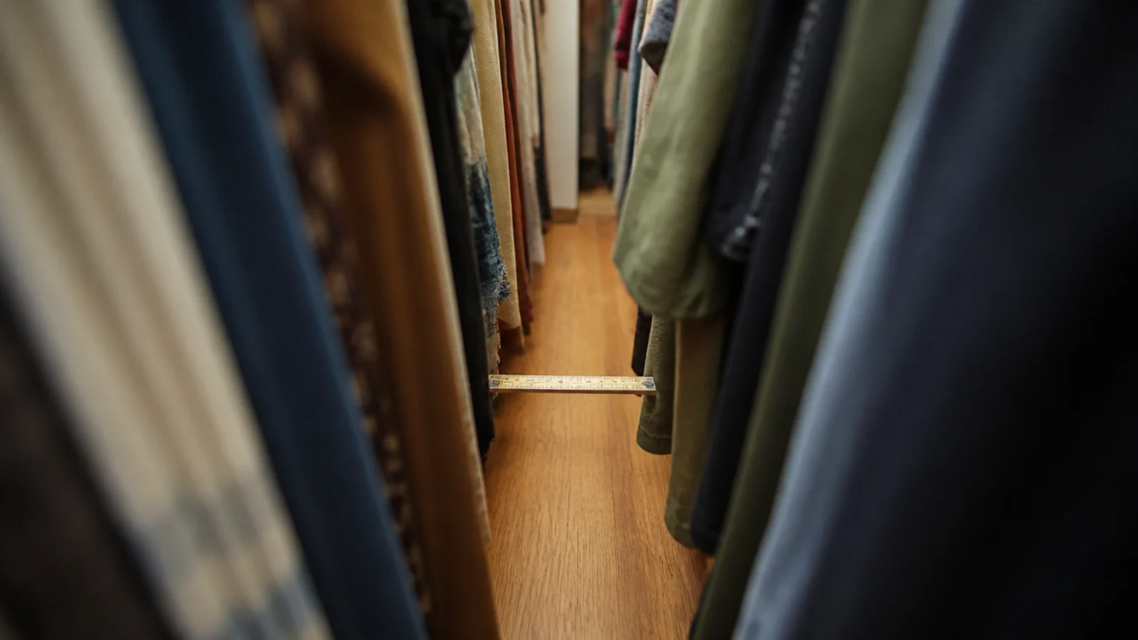 narrow closet walkway with clothes brushing both shoulders while passing