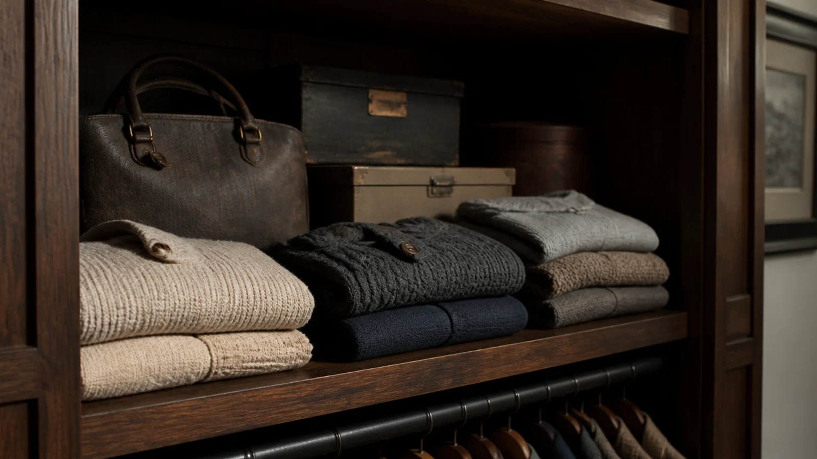 deep closet shelf with a forgotten second row of items at the back