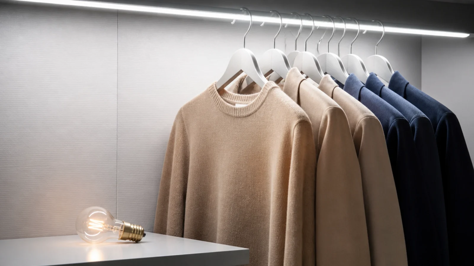 cold white bulb draining color from neutral clothing in a closet