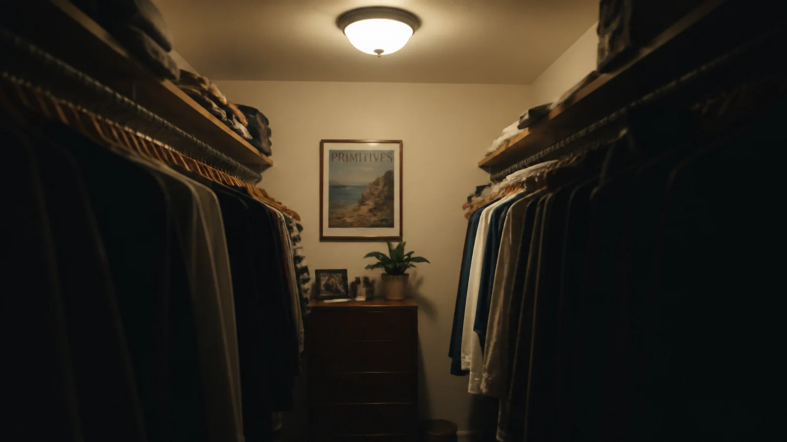 shadow falling across closet clothing from a central ceiling light