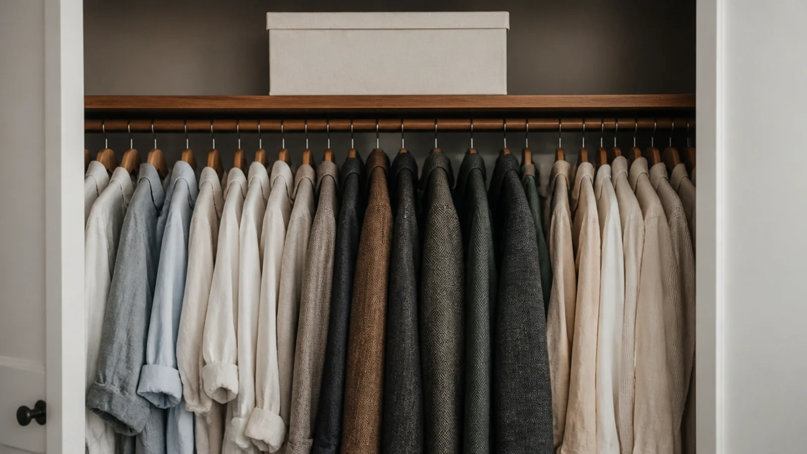 winter coats crowding a closet rail alongside summer linen shirts