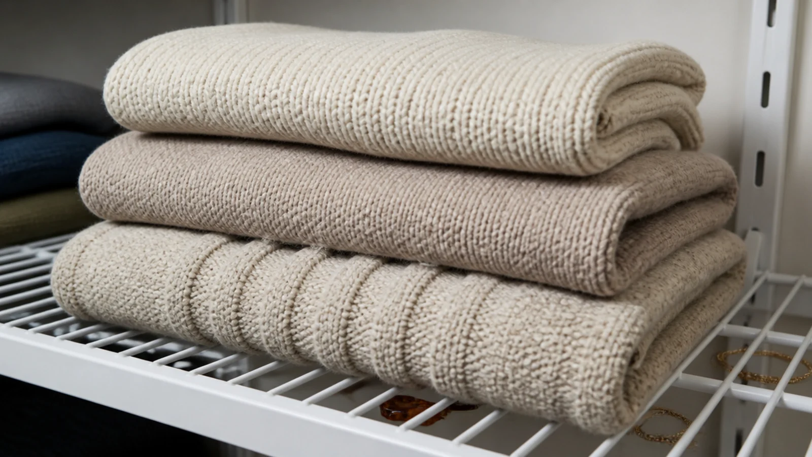 folded sweaters marked by wire shelving in a small closet