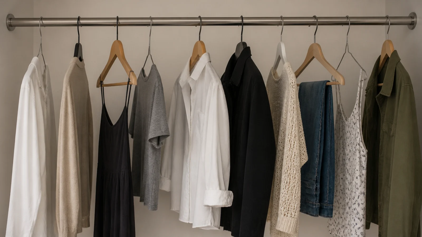 mismatched wire plastic and wooden hangers breaking a closet shoulder line