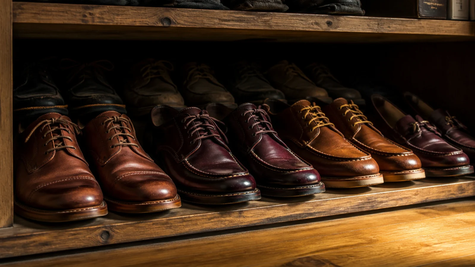 shoe shelf with a hidden back row of unworn pairs in shadow