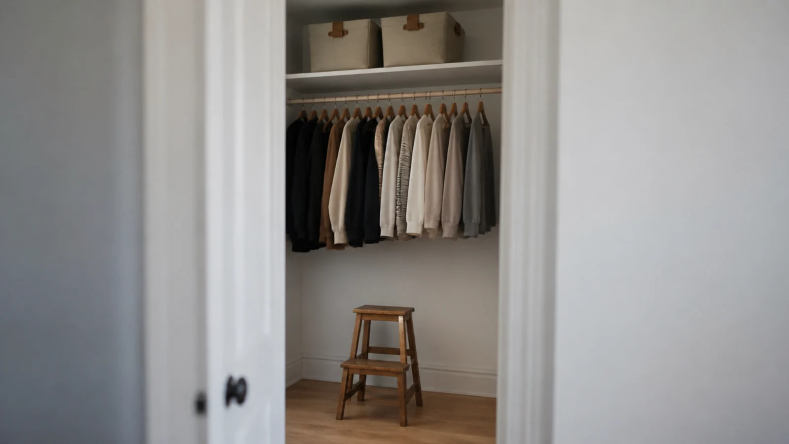 high closet shelf out of reach holding boxes above a hanging rail