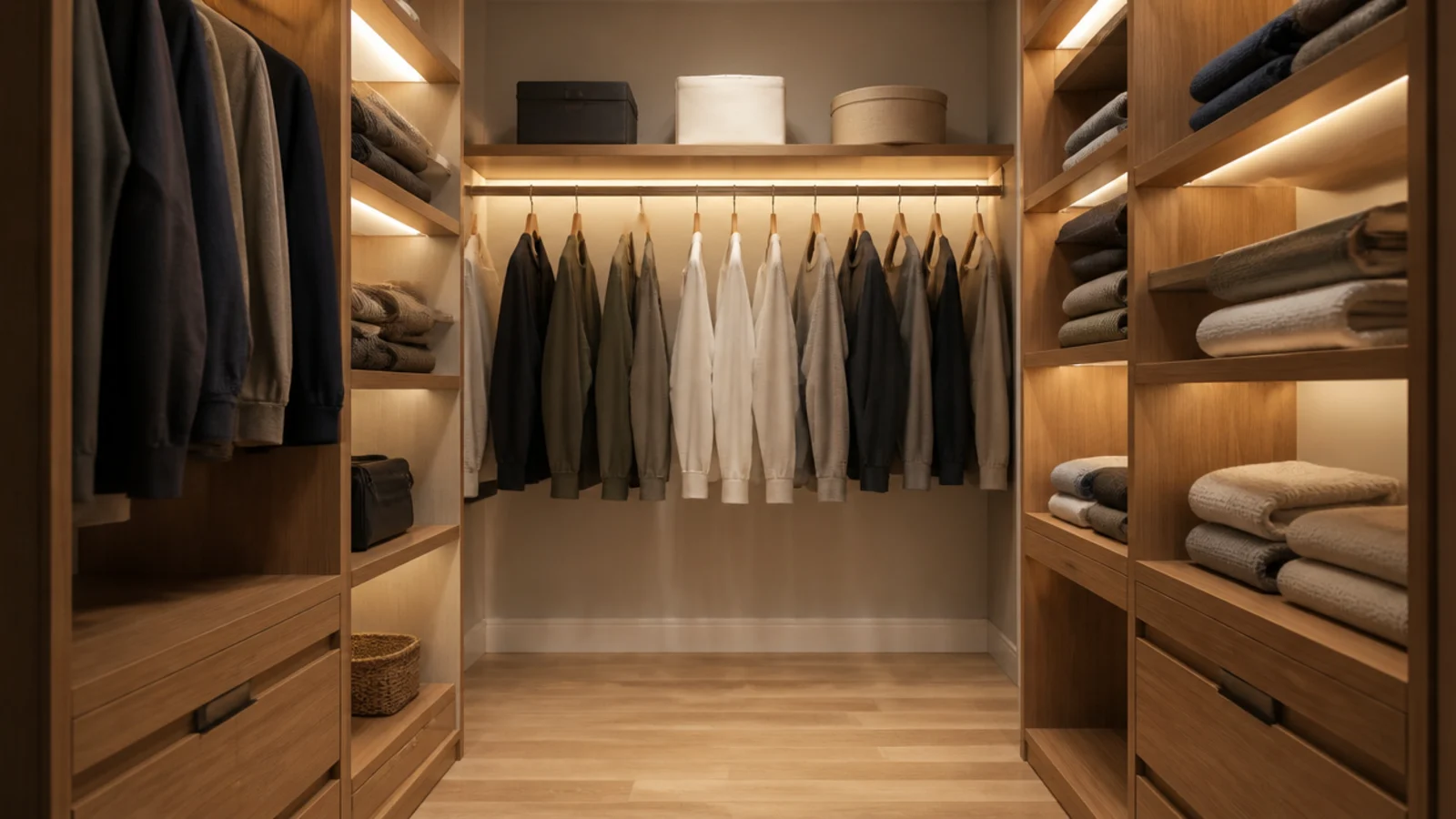 corrected small walk-in closet with proper rod depth and warm lighting