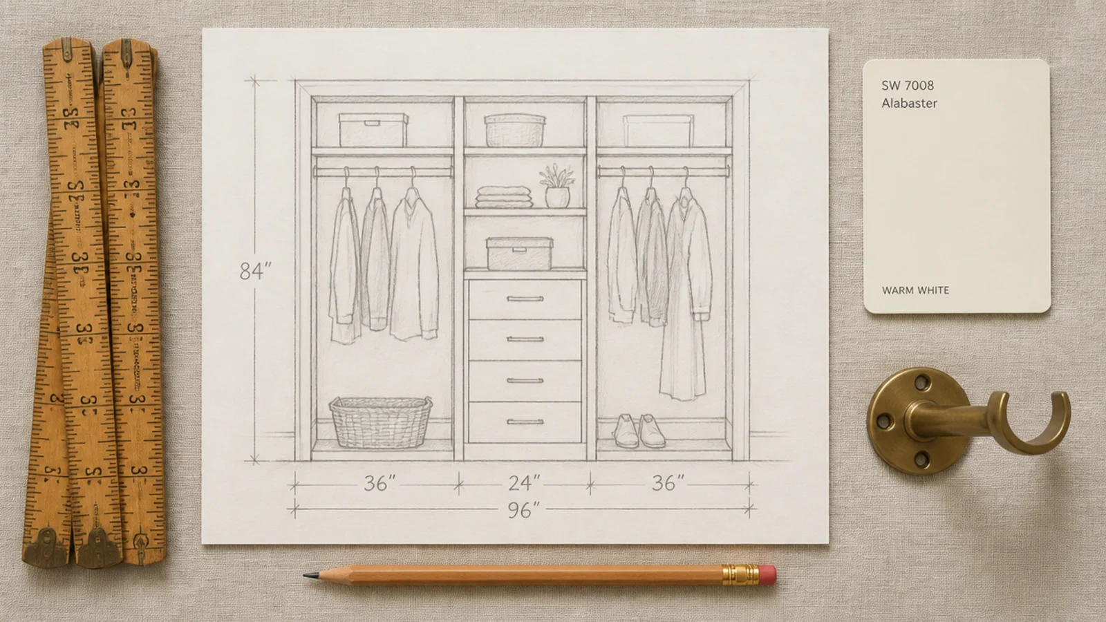 notebook and tape measure planning a budget small walk-in closet layout