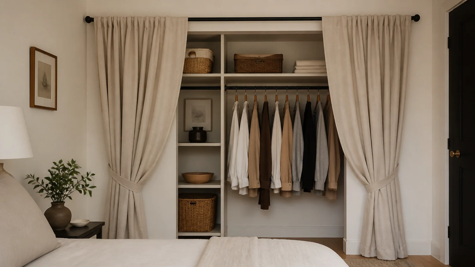 oatmeal linen curtain replacing a closet door in a small bedroom