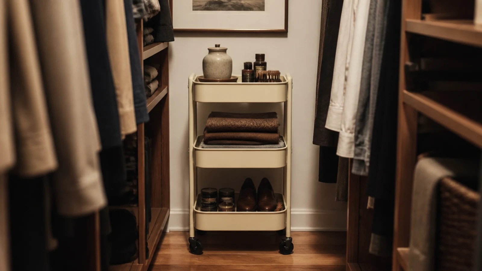 slim rolling cart parked in the walkway of a small walk-in closet