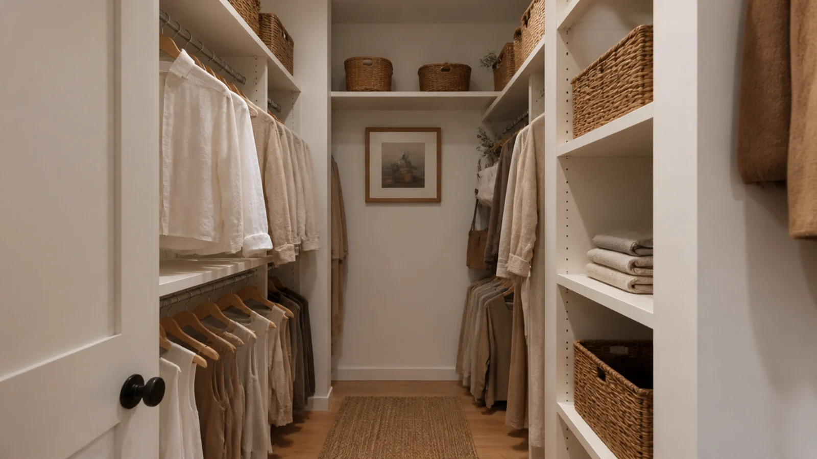 small walk-in closet on a budget with painted shelves and double hanging rods