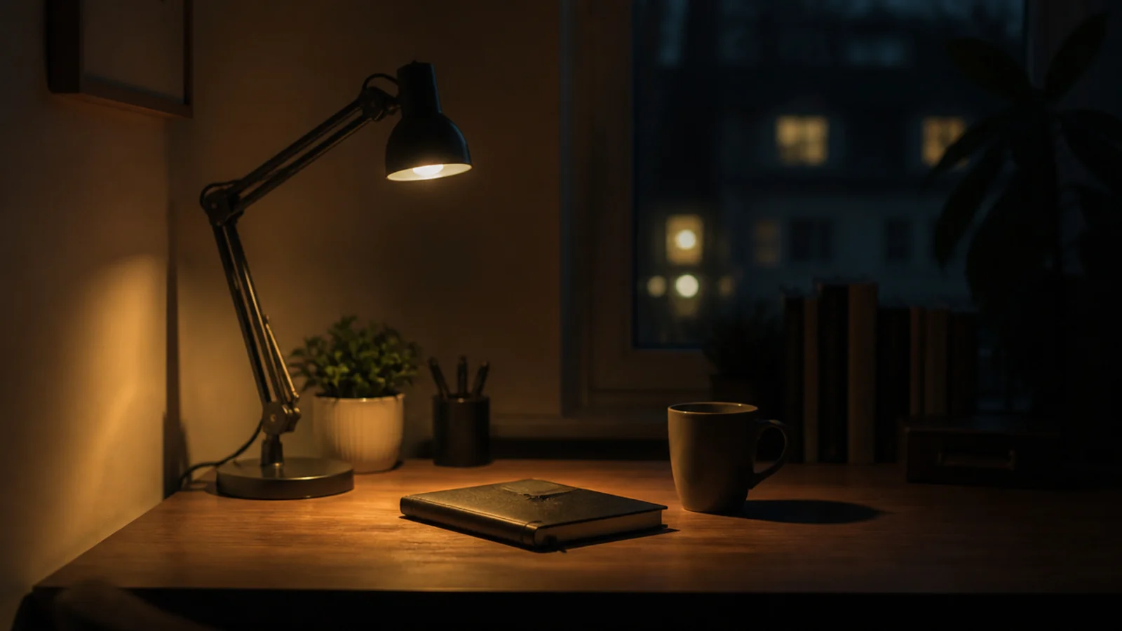 adjustable desk lamp glowing warm against a dim evening study wall
