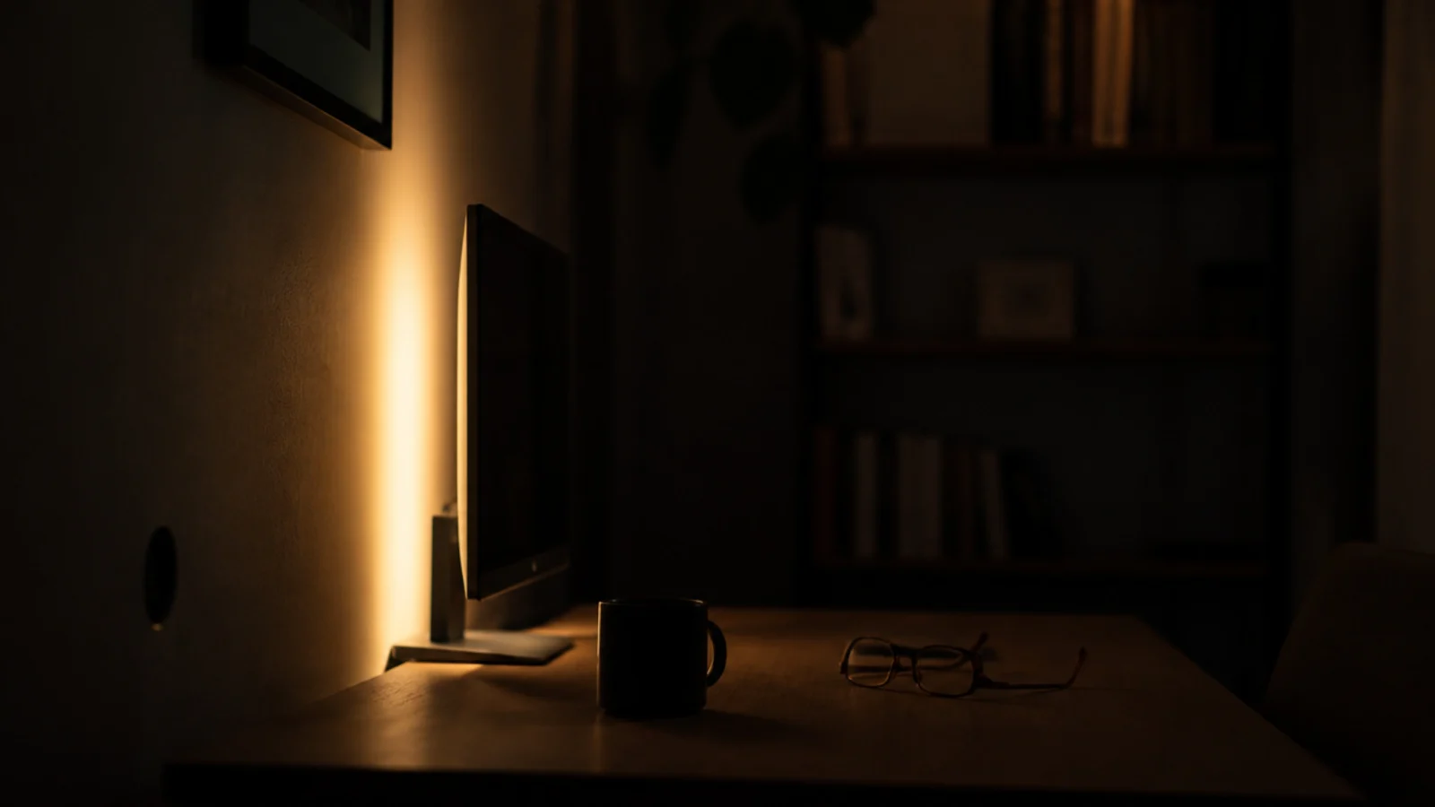 soft glow behind a monitor washing a pale wall in warm light