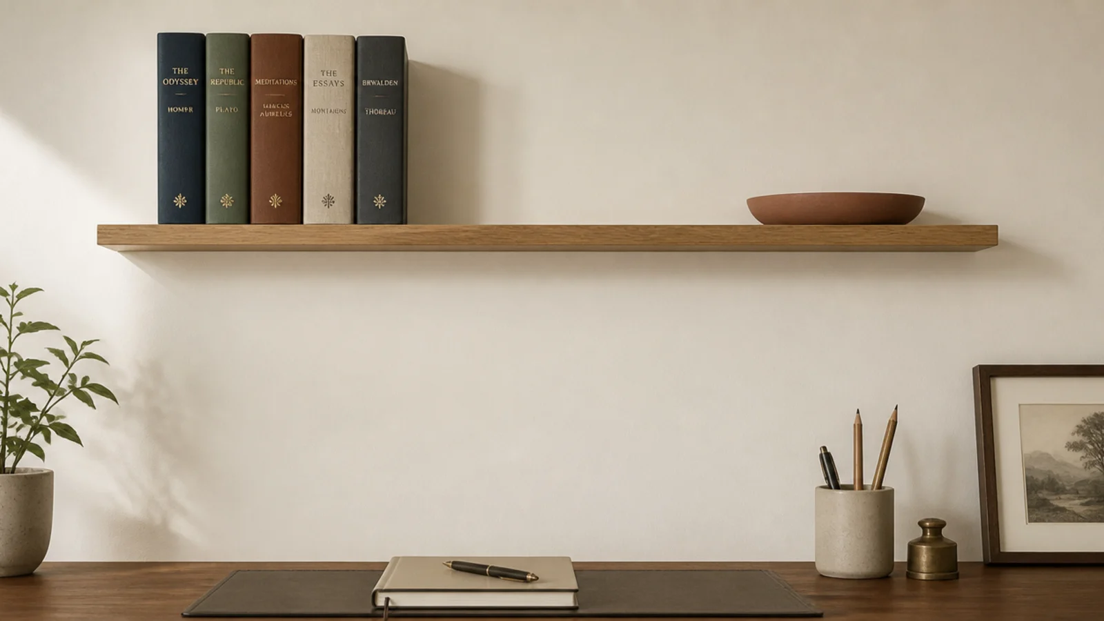 shelf above a desk with upright books and one object lying flat