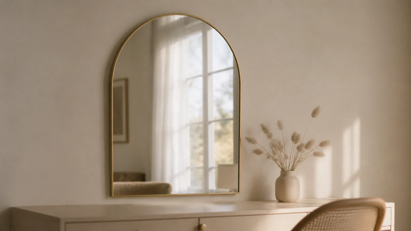 small arched mirror above a study desk reflecting a bright window