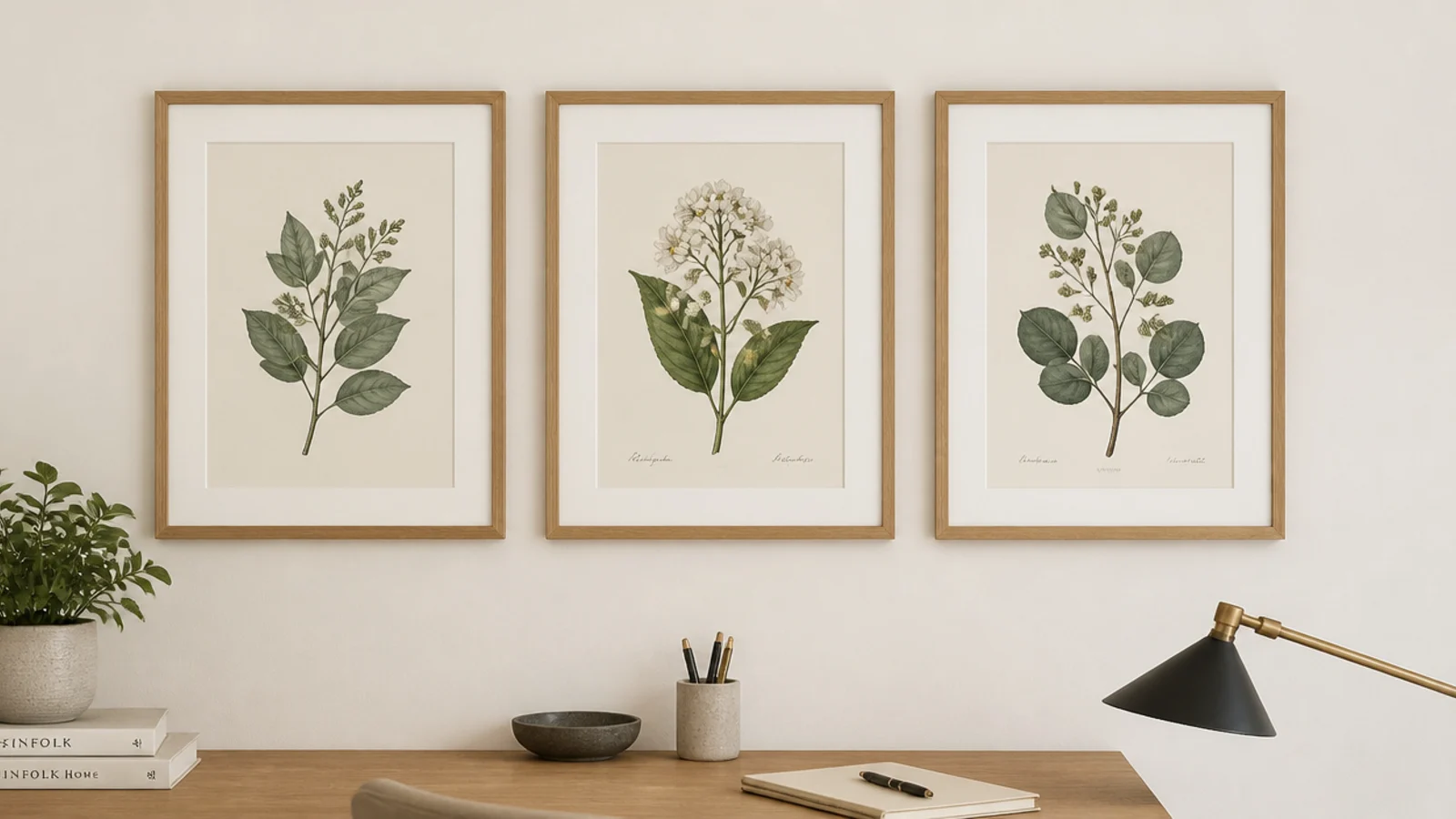 three matching frames hung in a tight grid above a study desk