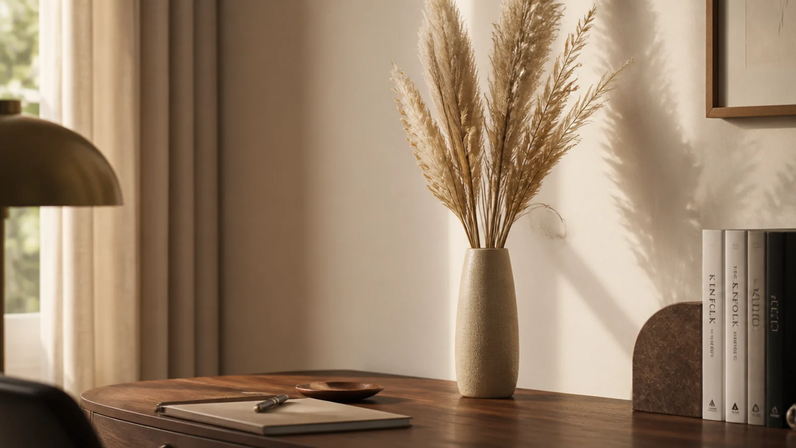 tall narrow vase of dried grasses at the back of a desk
