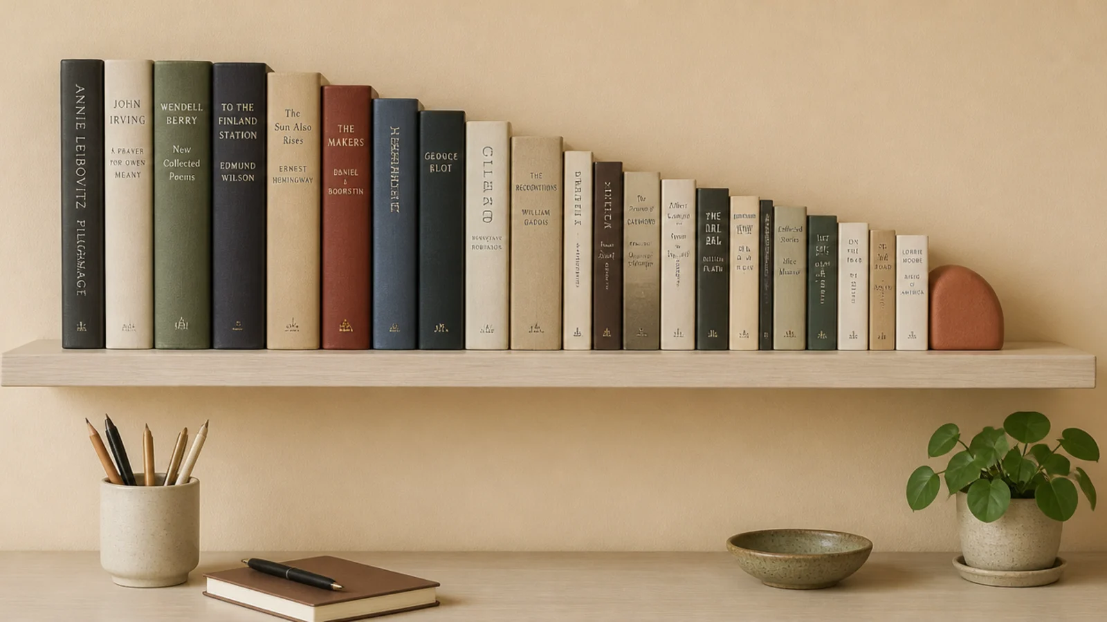books on a desk shelf arranged in descending height order