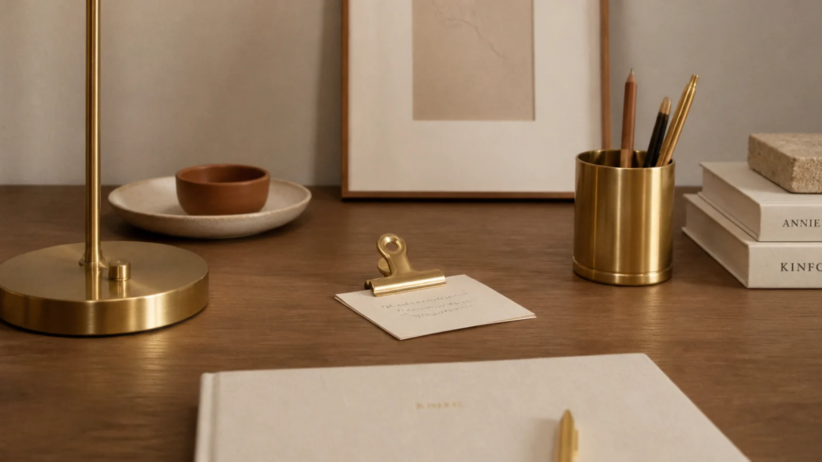 brass lamp brass clip and brass pen cup across one desk view