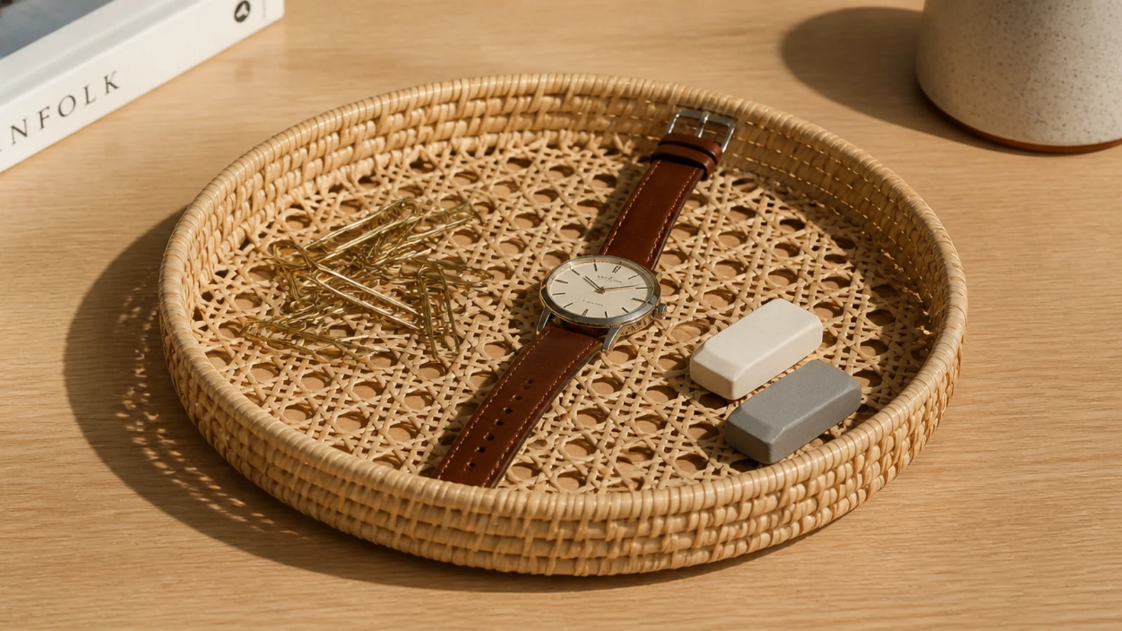woven cane tray on a desk holding clips a watch and erasers