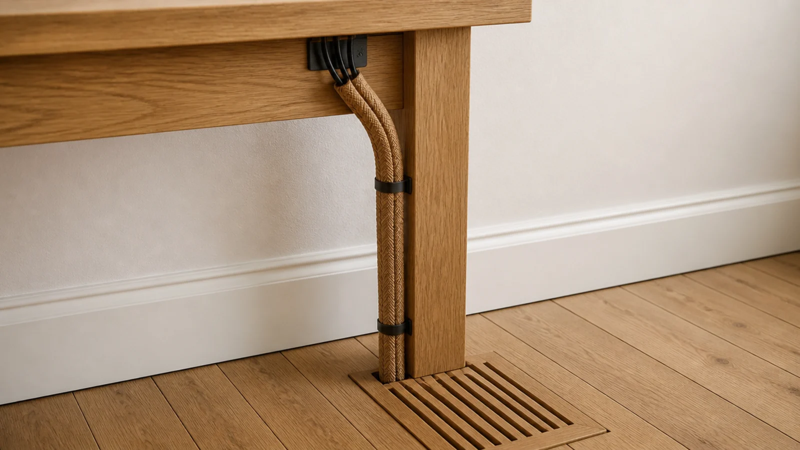 braided cable sleeve in oak tone running down a desk leg