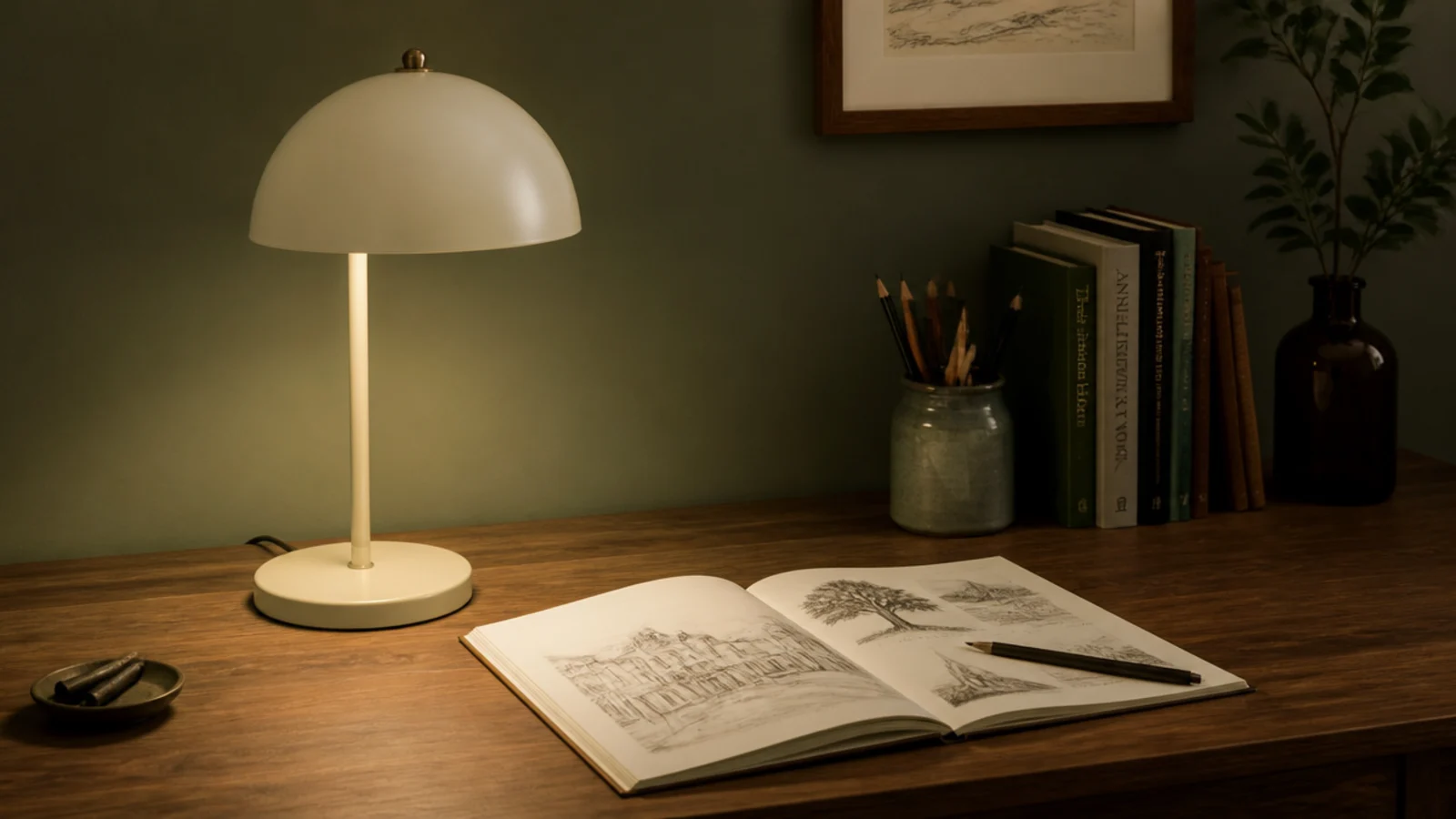 dome shaded desk lamp throwing a soft edged pool of light