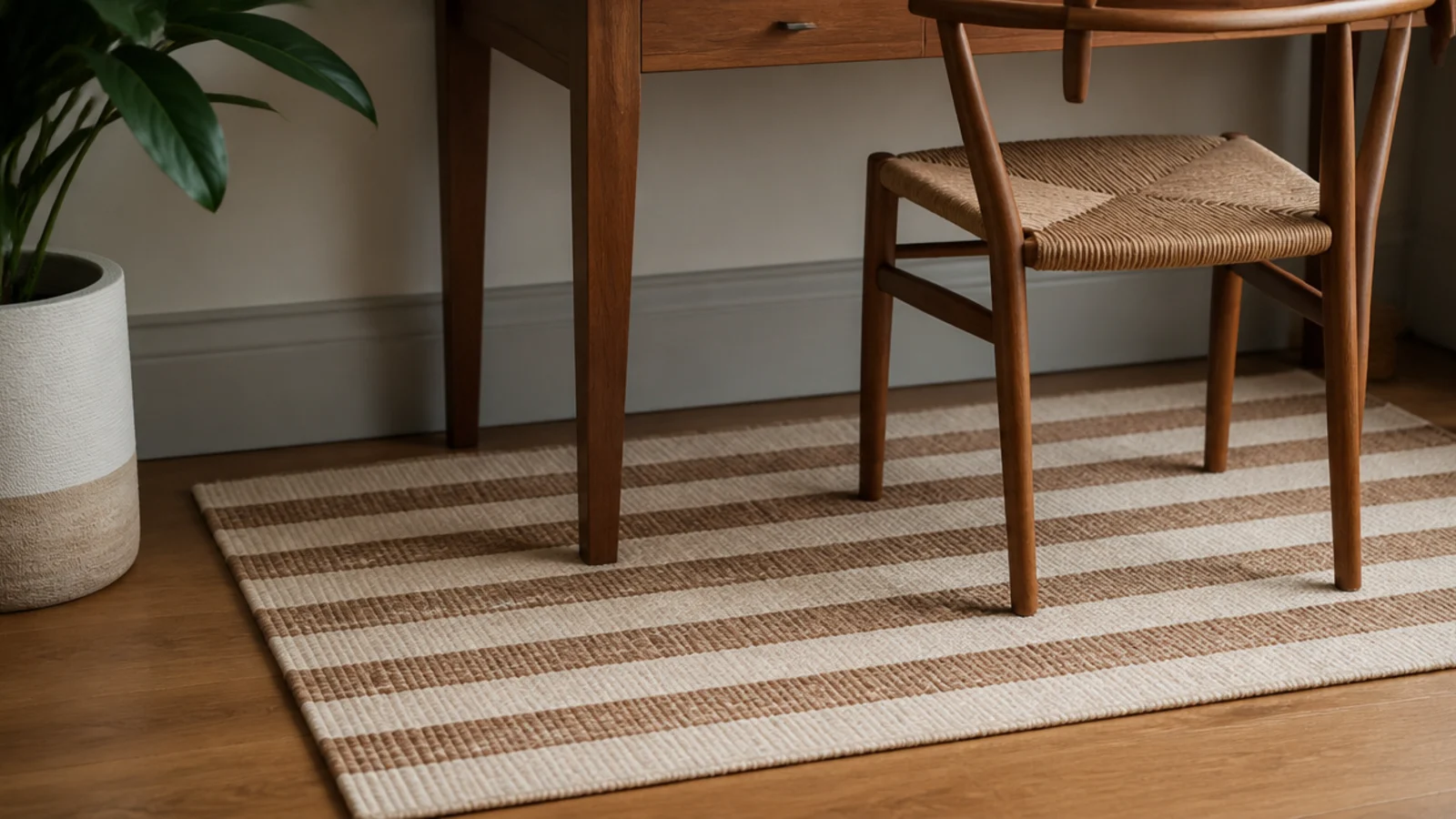 small striped flat weave rug beneath a study chair on wood floor