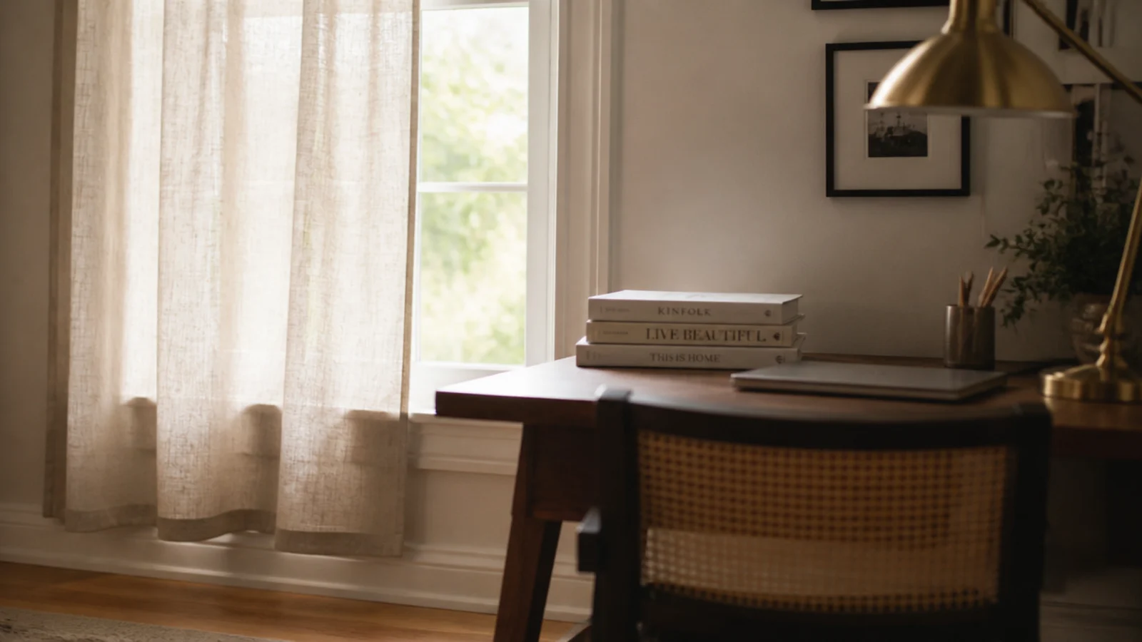 sheer linen panel diffusing midday light beside a study desk