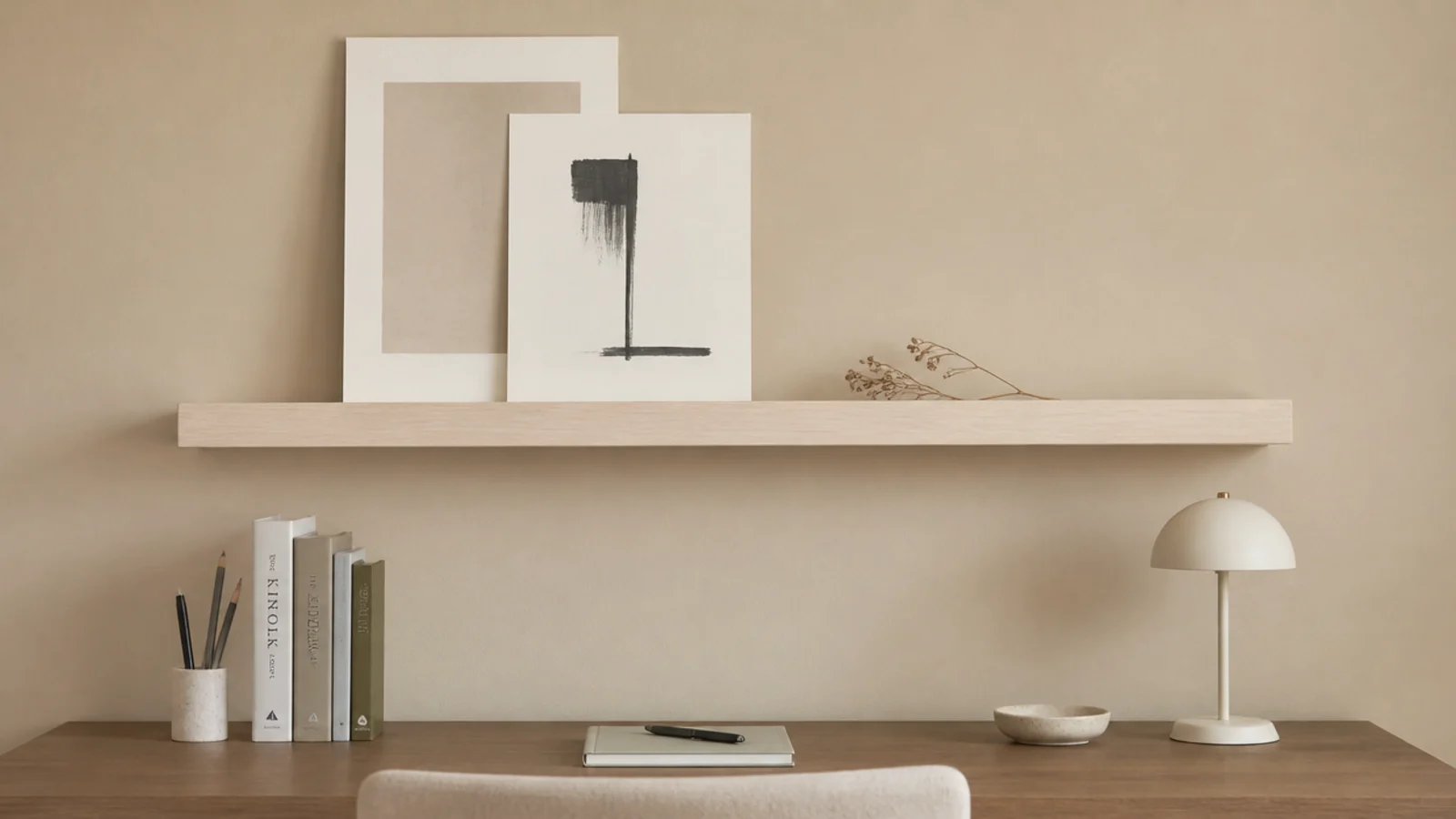 narrow picture ledge above a desk holding two overlapping prints