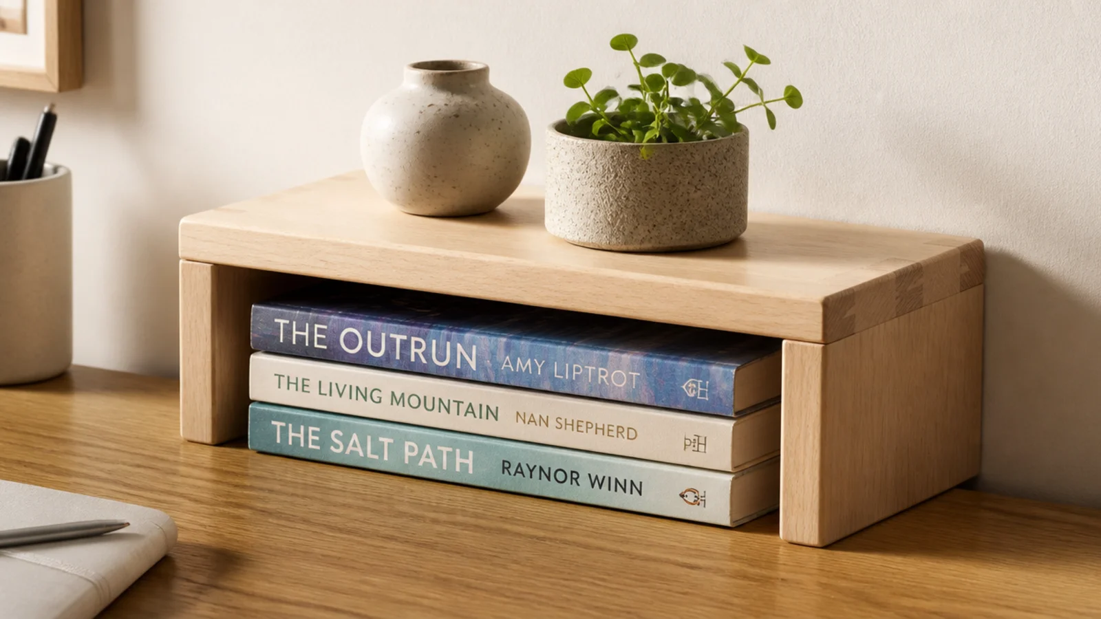 small wooden riser on a shelf creating a second row of storage