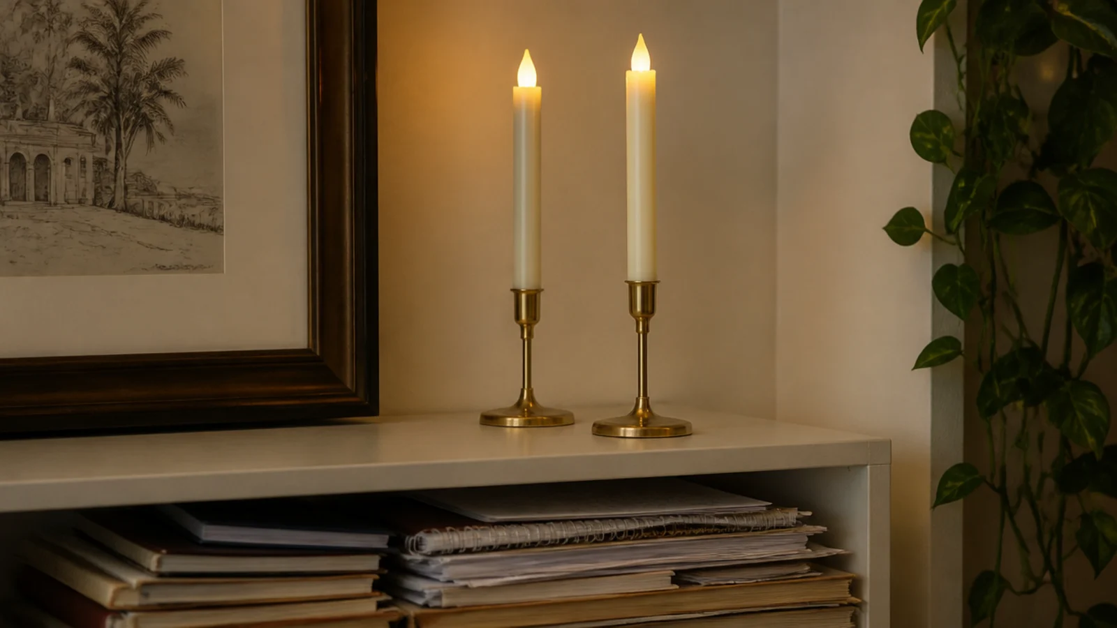 pair of flameless taper candles on a shelf above stacked notes