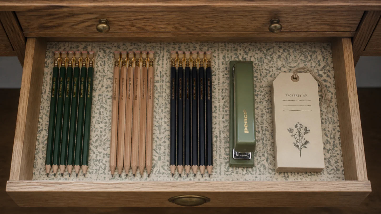 open desk drawer lined with patterned paper holding tidy stationery