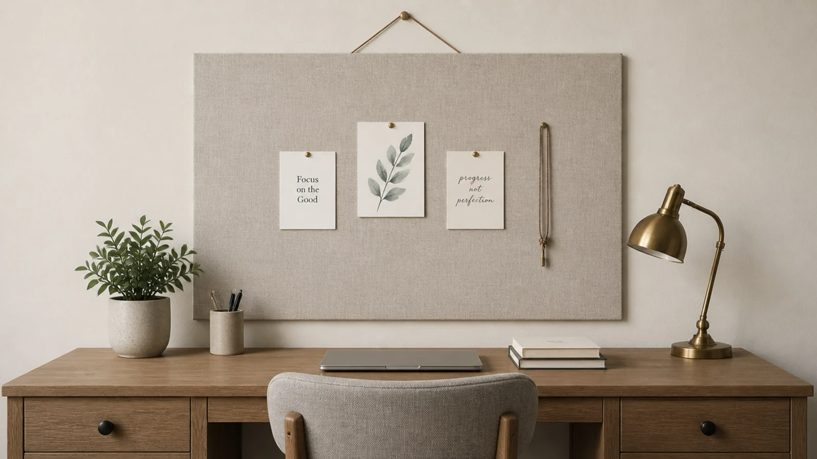 pinboard cut to match the exact width of the desk below
