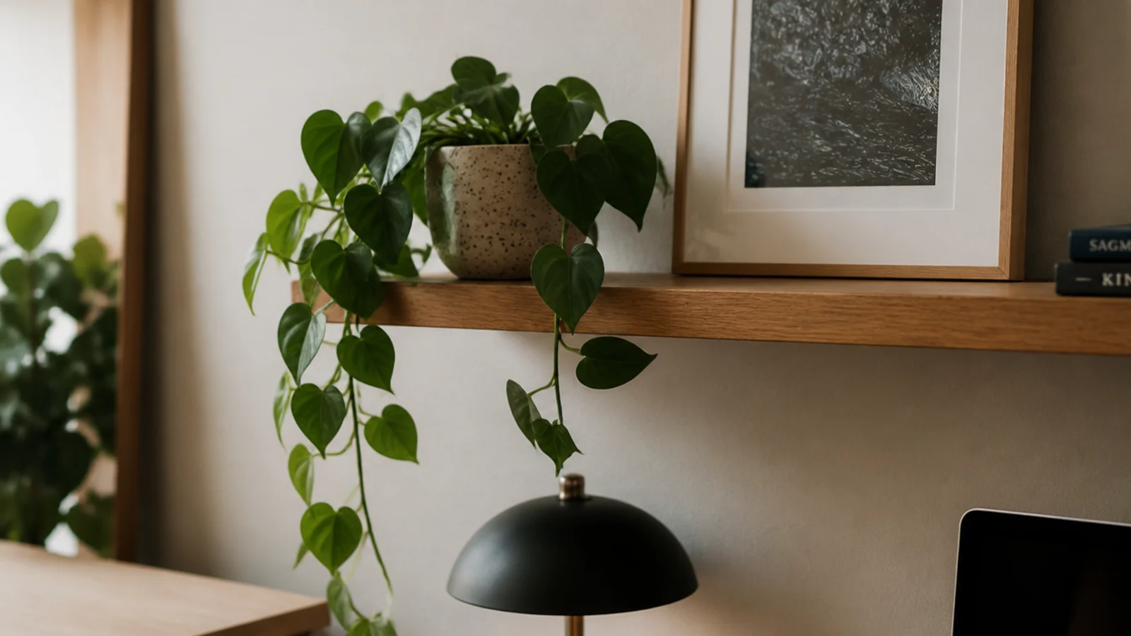trailing philodendron on a high shelf spilling toward the desk