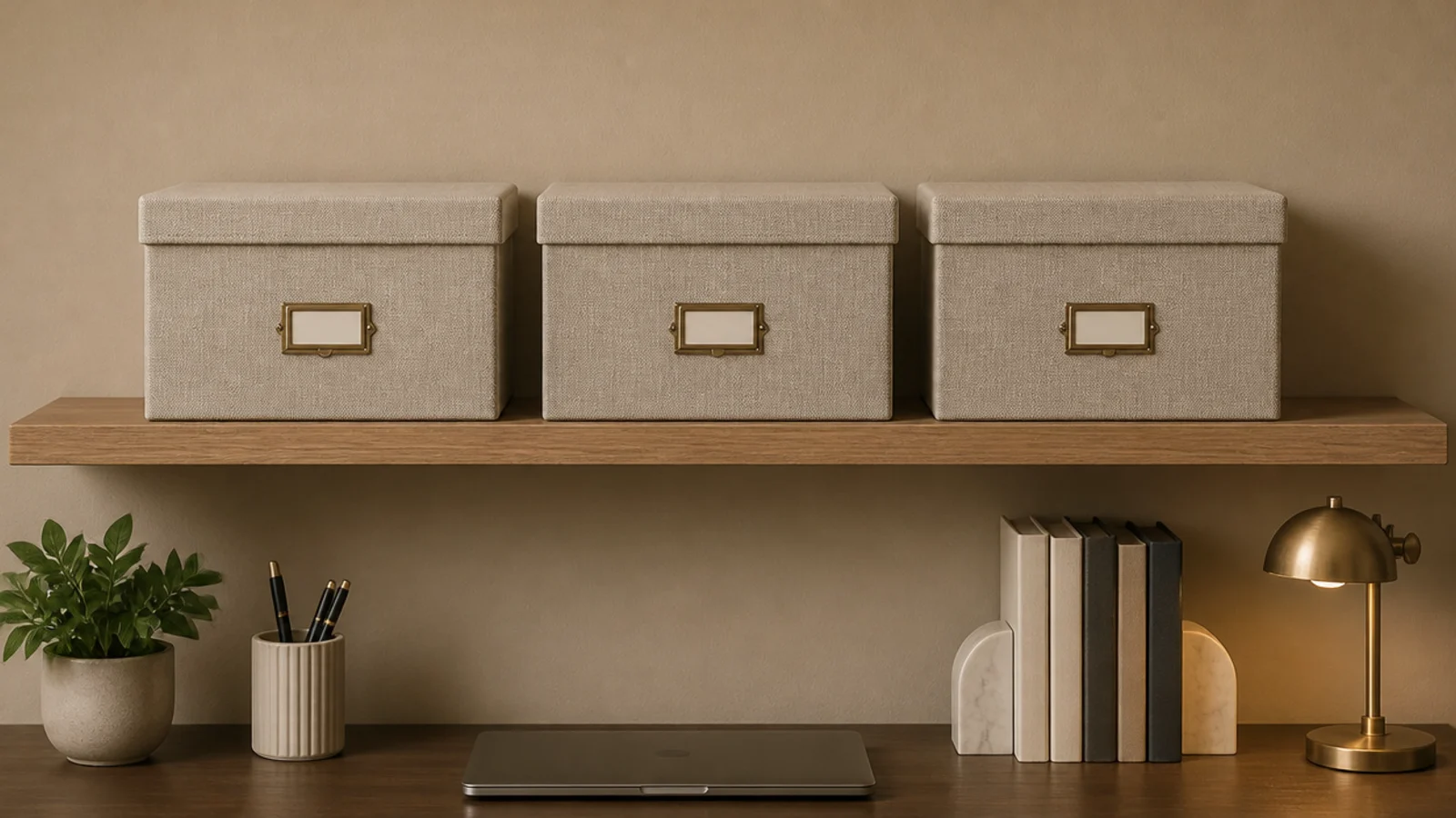 three matching linen boxes on a shelf with small end labels