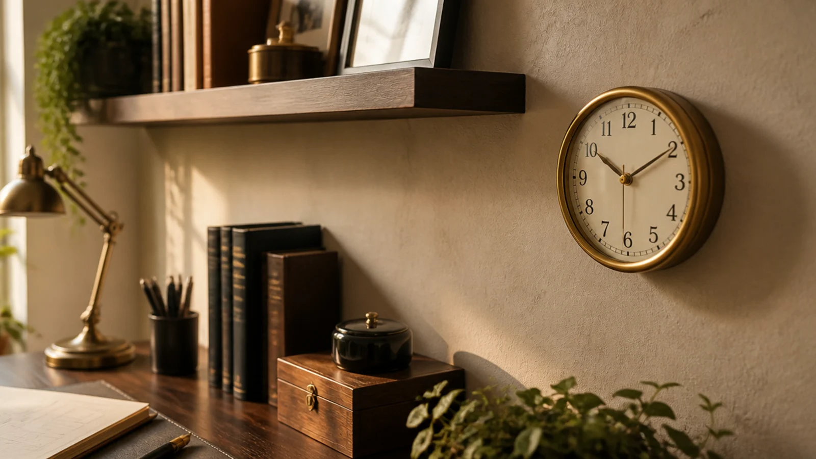 brass rimmed wall clock hung beside a shelf above a desk