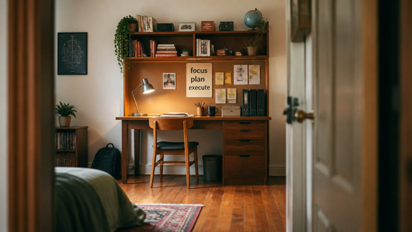 wide doorway view of a finished study corner across a bedroom