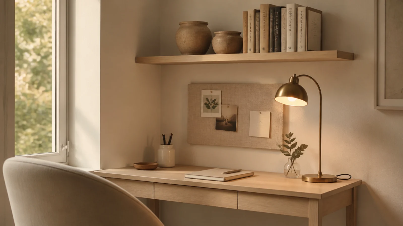 aesthetic study desk in cream and oak with shelf plants and warm lamp