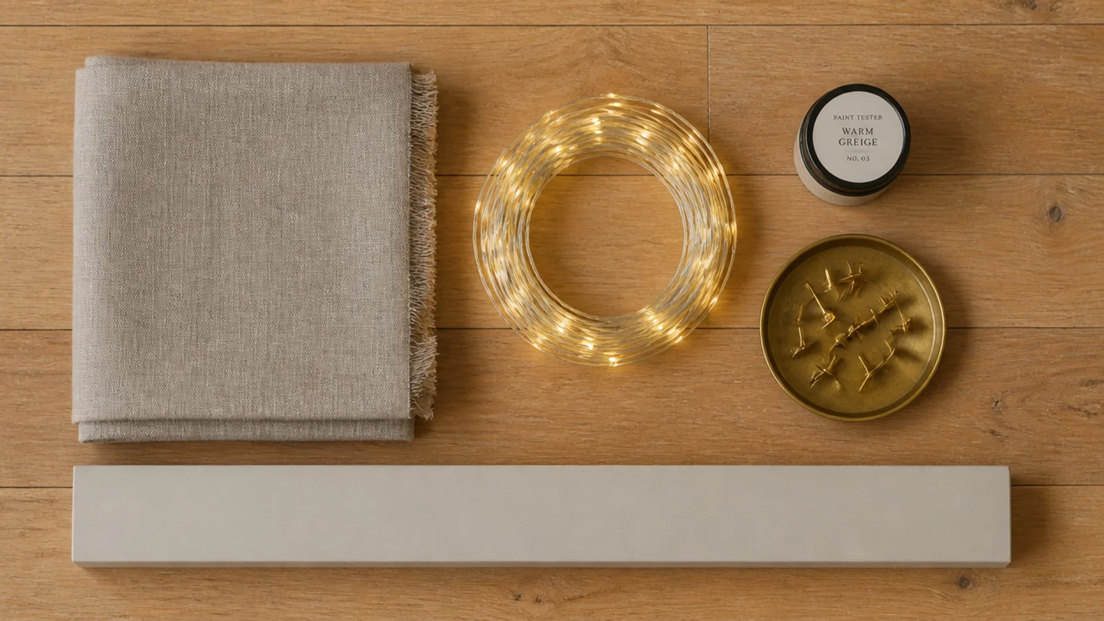 materials for a study corner laid out on floorboards before starting